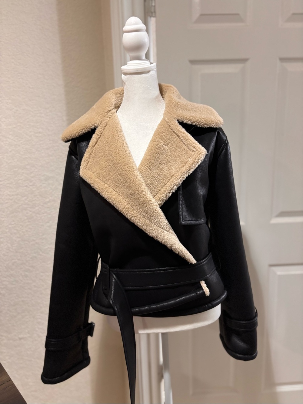 Commense Black Leather Moto Jacket with Tan Shearling Collar